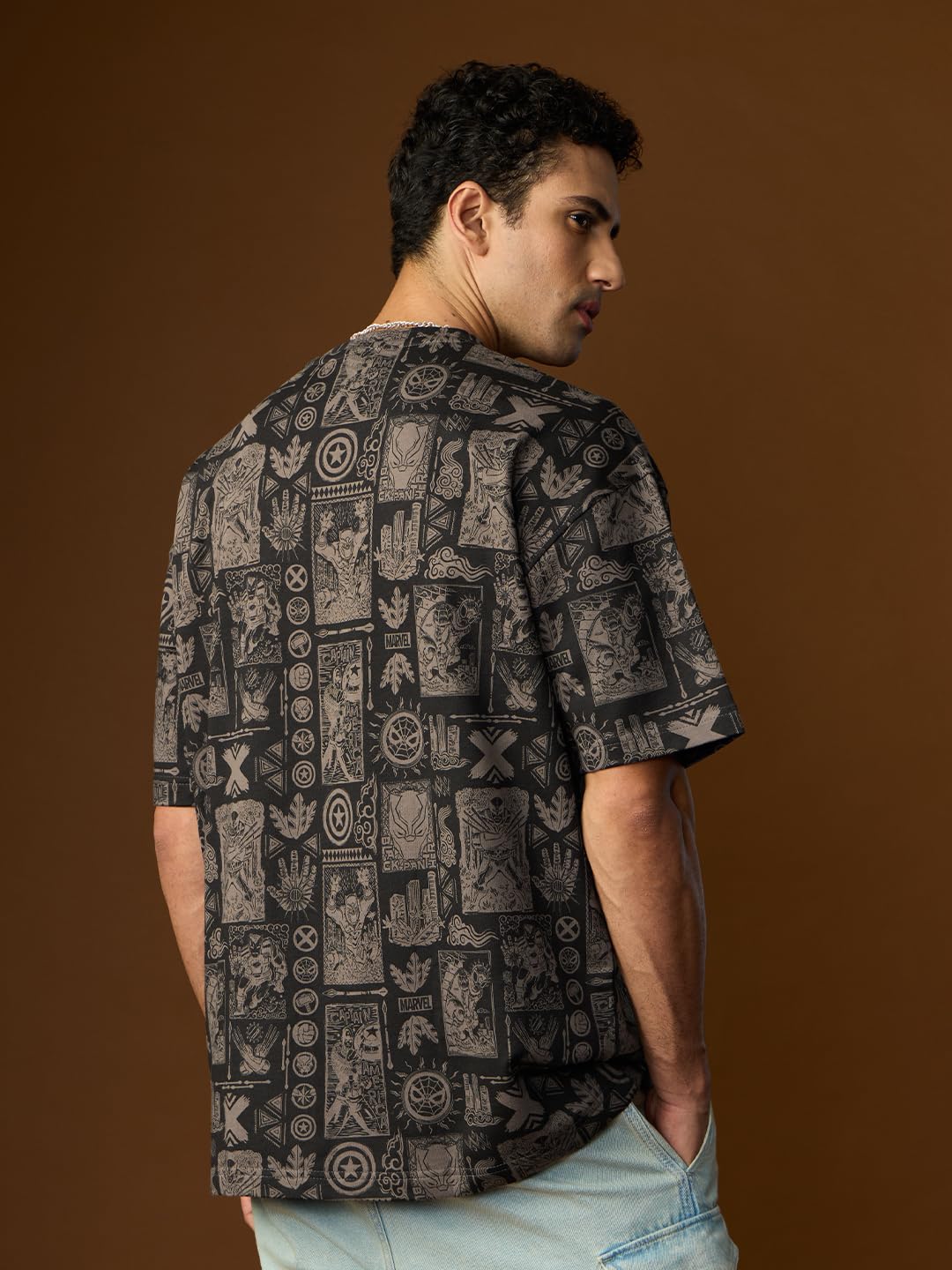 The Souled Store Marvel: Captain America Men and Boys Short Sleeves Round Neck Black Graphic Printed Cotton Oversized T-Shirts