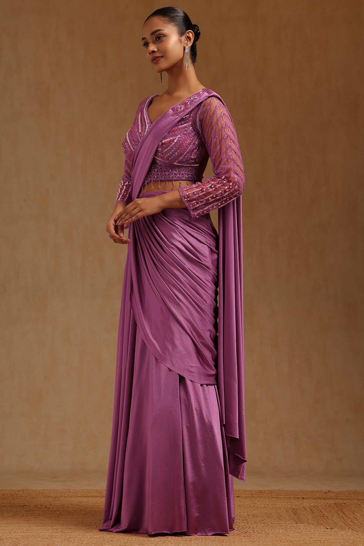 Soch Womens Onion Pink Spandex Solid Ready To Wear Saree