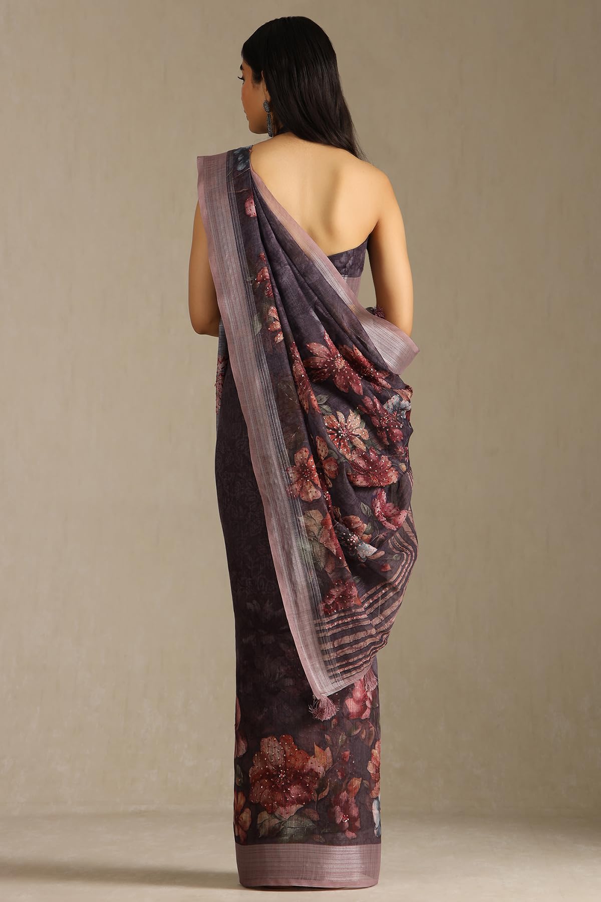 Soch Womens Wine Linen Floral Print Saree With Sequins
