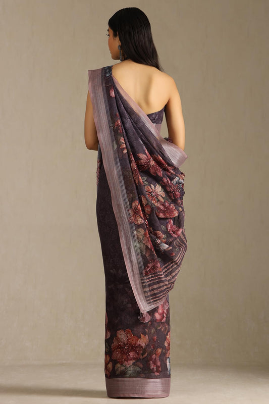 Soch Womens Wine Linen Floral Print Saree With Sequins