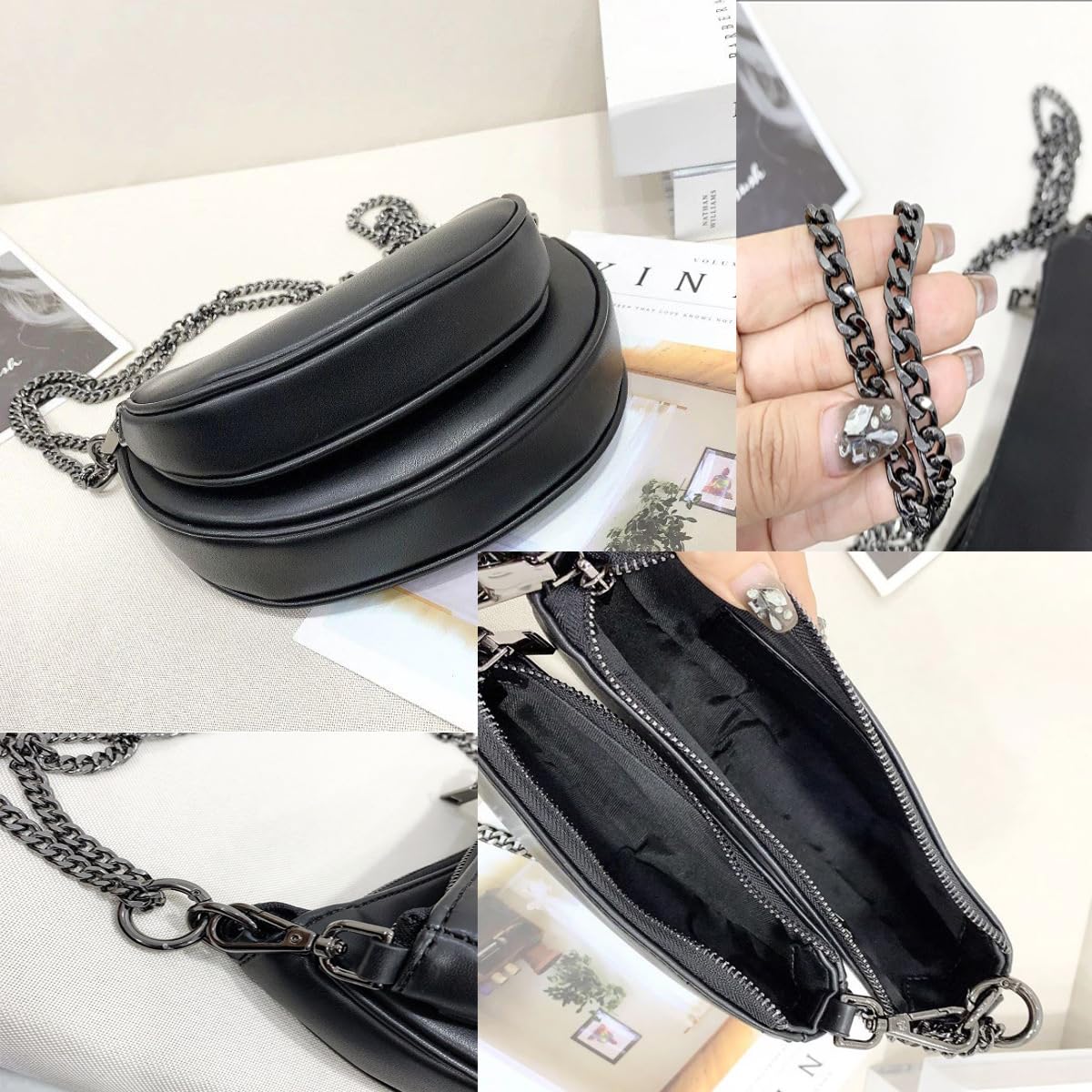 SIBY PU Leather Women Crossbody Bag with Metal Double Chain | Retro Semicircle Saddlebag | Versatile Mini Shoulder Bag- Black (2 Pcs)