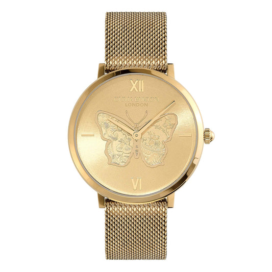 Olivia Burton Signature Butterfly Qtz Basic Light Gold Round Dial Women's Watch|Ionic Plated Thin Gold Steel Material|Gold Color Band - 24000147
