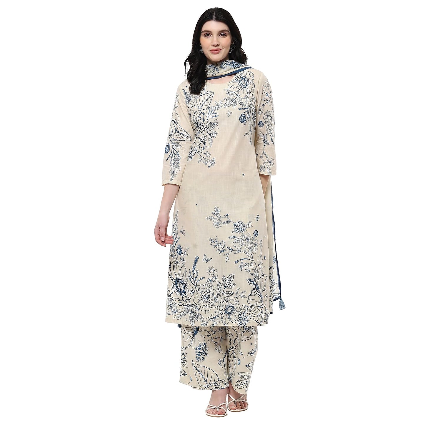 Biba Women Off-White and Blue Cotton Straight Kurta Set_34