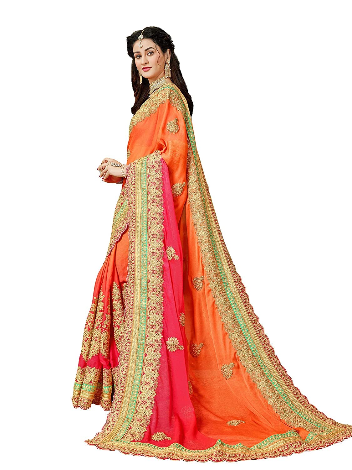 MANOHARI Women Shaded Orange Heavy Embroidery Chiffon Saree With Blouse Piece_Mn360-2