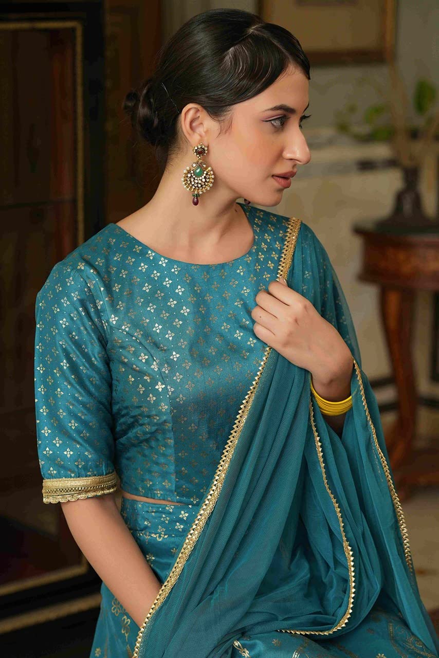 Juniper Women's Teal Santoon Slub Festive Foil Printed Straight Lehnga Choli Set -XXL