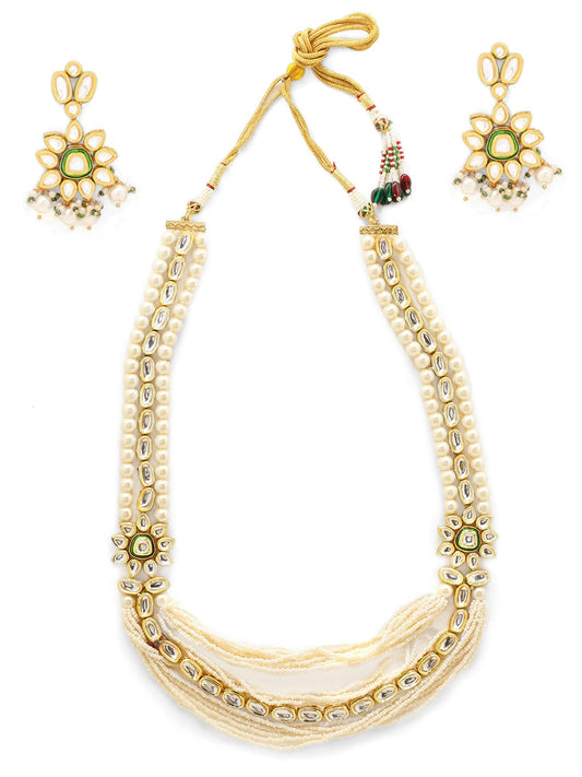 Priyaasi Kundan Pearl Floral look Layered Haram with Kundan Earring Jewellery Set