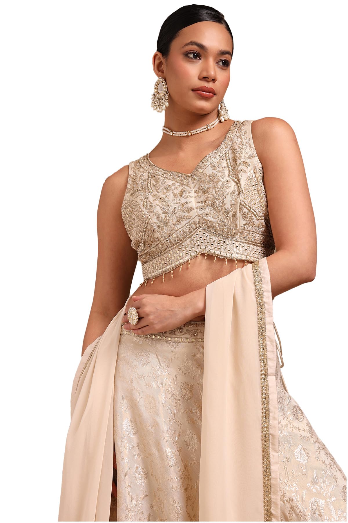 Soch Womens Off White Brocade Embroidered Lehenga Choli With Mirror and Stone