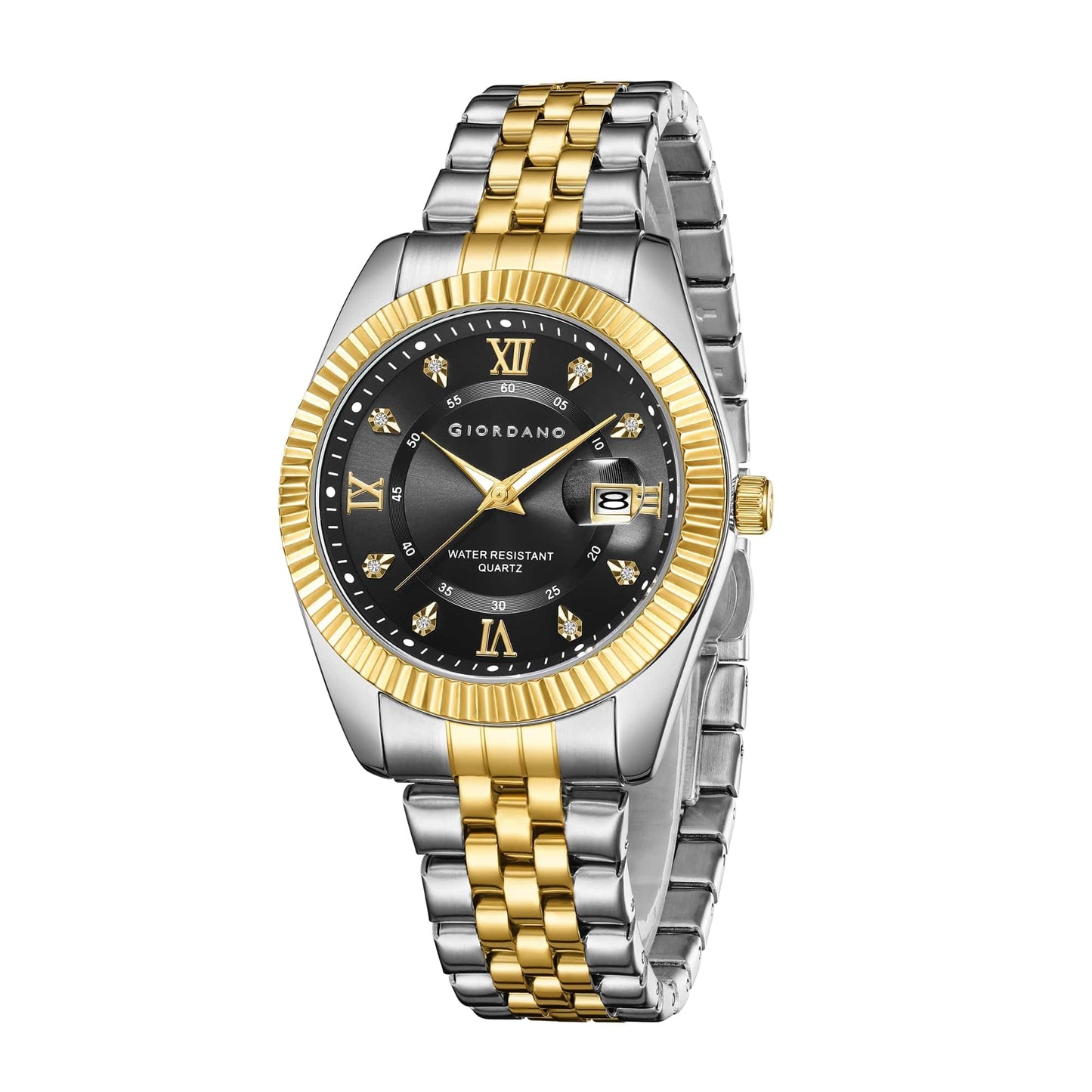 Giordano Analog Watch for Men - Dual-Tone Stainless Steel Strap, Crystal Indices and Fluted Bezel