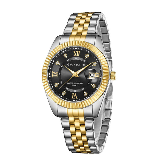 Giordano Analog Watch for Men - Dual-Tone Stainless Steel Strap, Crystal Indices and Fluted Bezel