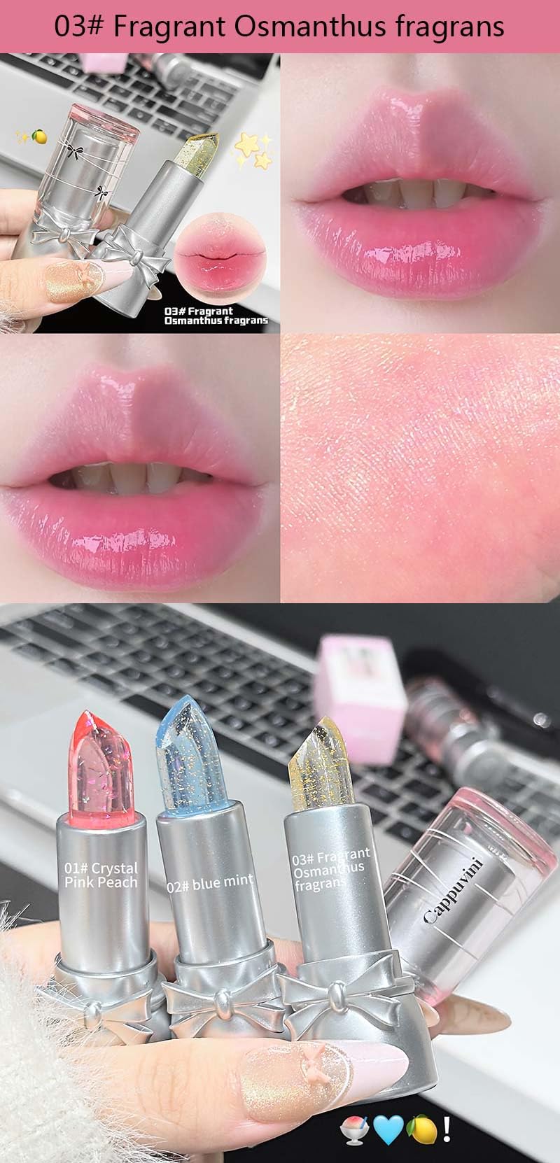 Cappuvini Sweet And Cool Bow Warm Lipstick | Crystal Transparent Lipstick with Glitter Shimmer | Color-Changing pH Adjusting Formula | Moist and Submissive Light Pink Lipsticks for Women | Glossy Finish Waterproof Long Lasting | Light Texture Lipsticks Cu