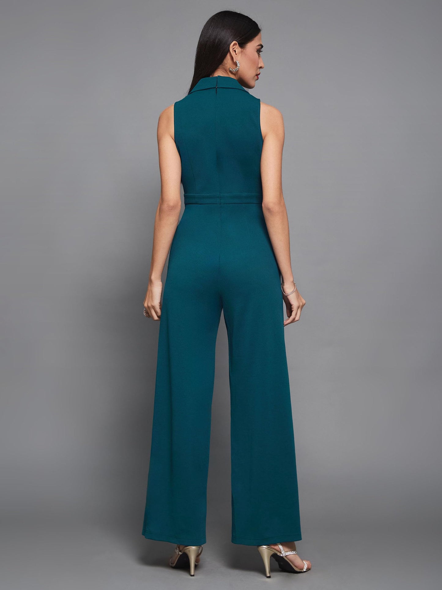 Miss Chase Women's Notched Collar Sleeveless Wrap Regular-Length Jumpsuit (MCSS25D93-84-487-03, Peacock Teal, S)