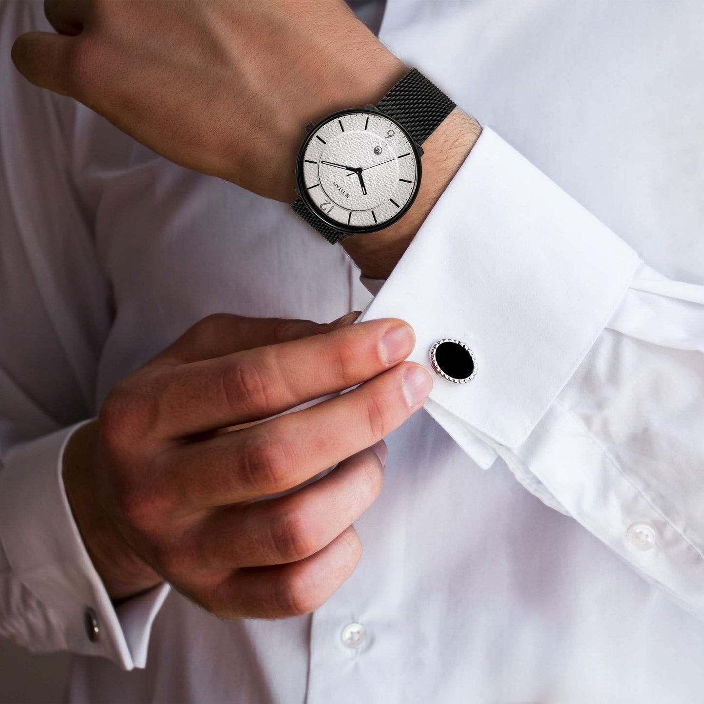 Titan Minimalist Quartz Analog with Date White Dial Black Stainless Steel Strap Watch for Men - NT1849NM01