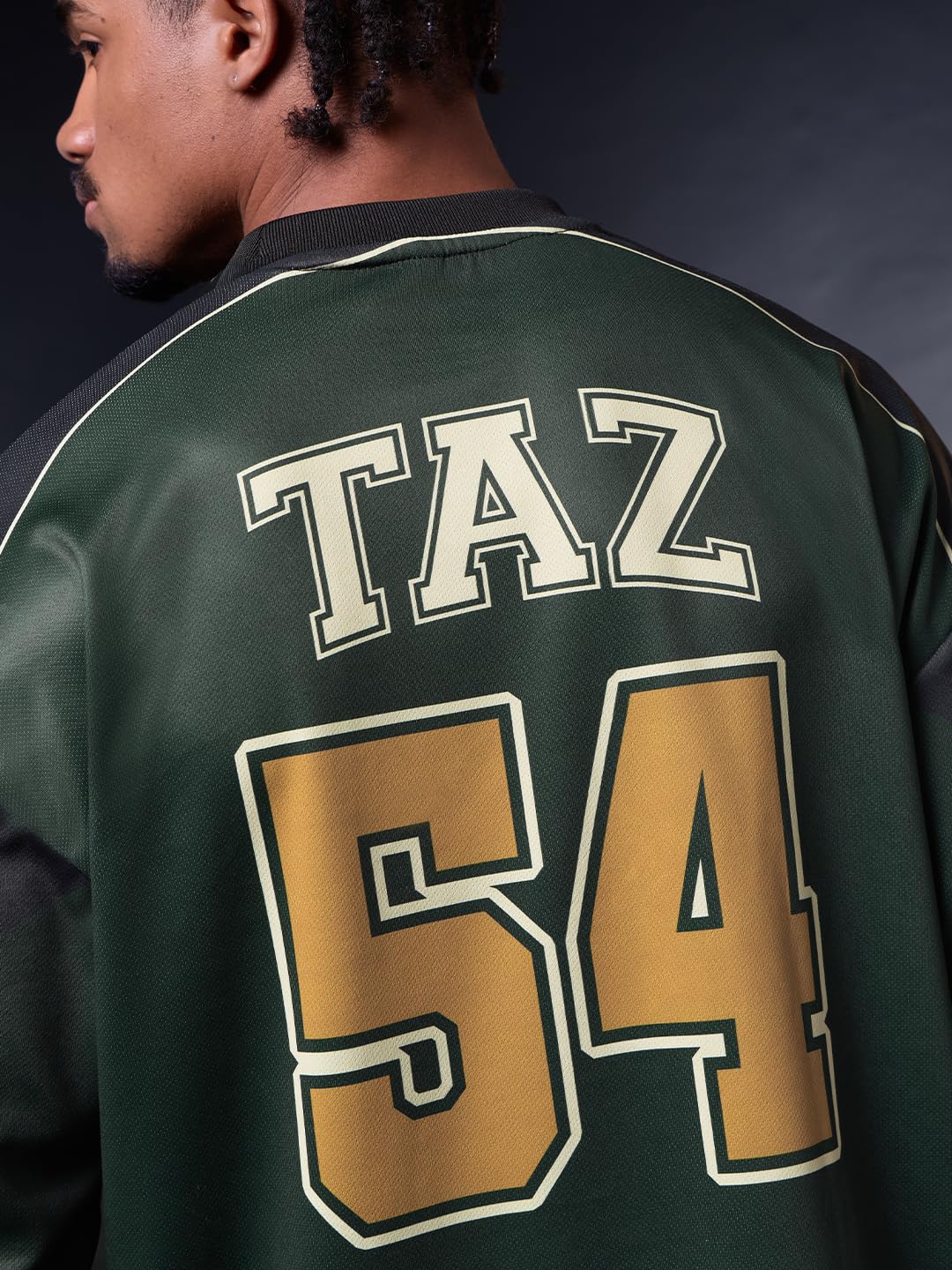 The Souled Store Official Looney Tunes: Hustlin' Taz Men and Boys Long Sleeves Round Neck Dark Green Graphic Printed Sporty Casual Easy Dry Drop Shoulder Streetwear Polyester Oversized Jerseys