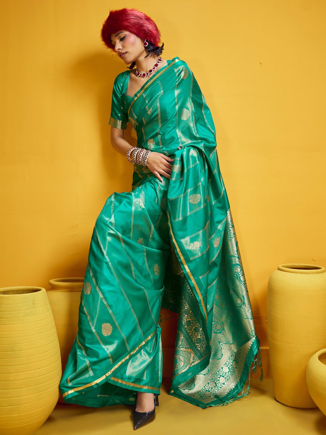 AKHILAM Women's Teal green Satin Ethnic Motif Print Tassels and Latkans Saree With Unstitched Blouse Piece | saree for woman | Designer Saree for Women