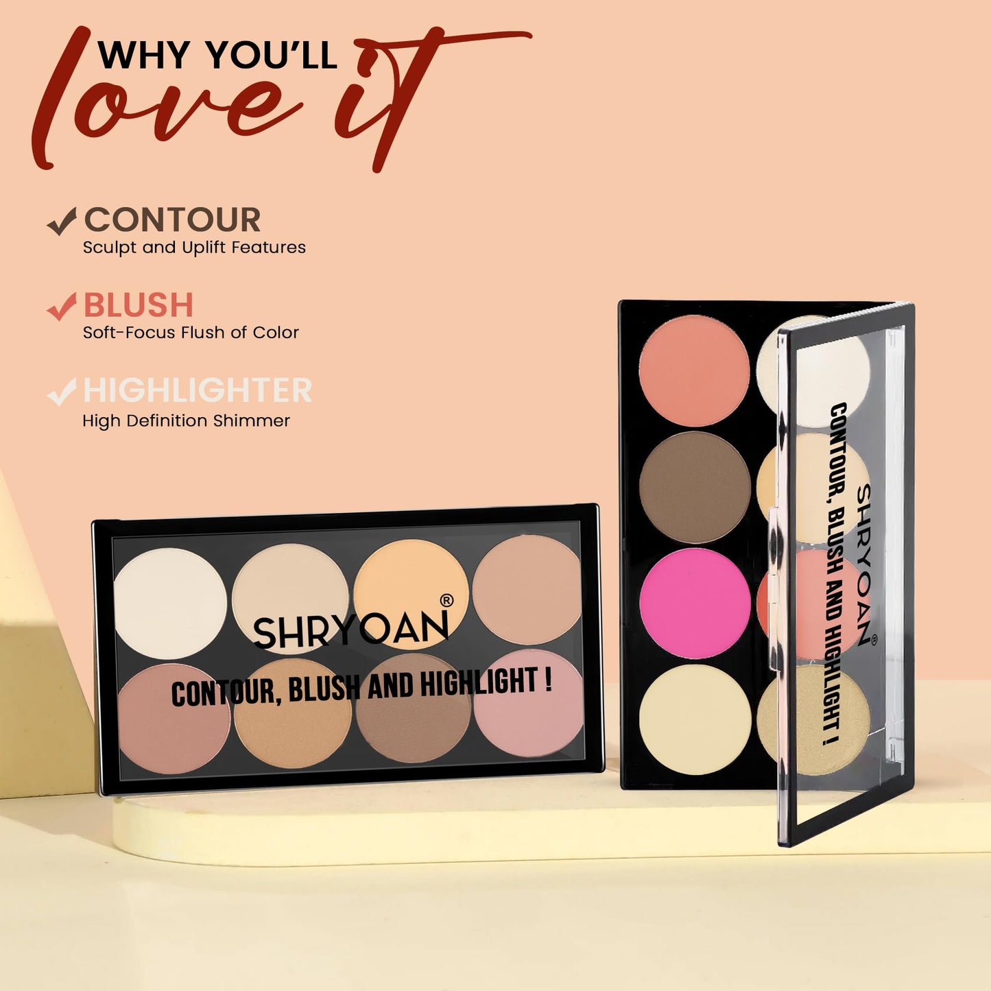 Shryoan Contour Blush and Highlighter 8 Color Palette | Highly Pigmented & Long Lasting | Semi-Matte Finish | Medium Coverage | Paraben-Free (28.0 gram) (Shade 02)