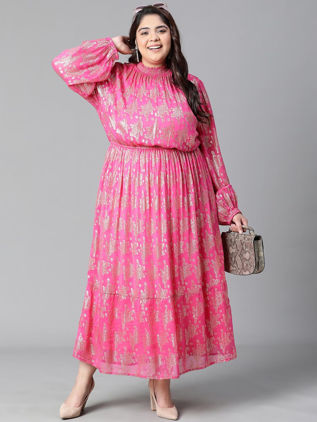oxolloxo Women Plus Size Pink Round Neck Long Sleeve Elasticated Waist Golden Foil Print with Lining Dress