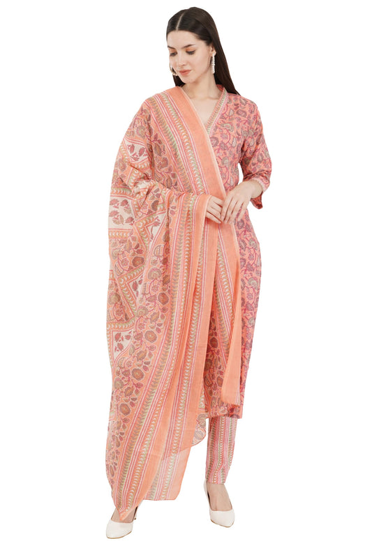 Pranjal Women's Soft Comfortable V-Neck 3/4 Length A-Line Cotton Floral Kurti-Pant and Dupatta Set (Large, Peach)