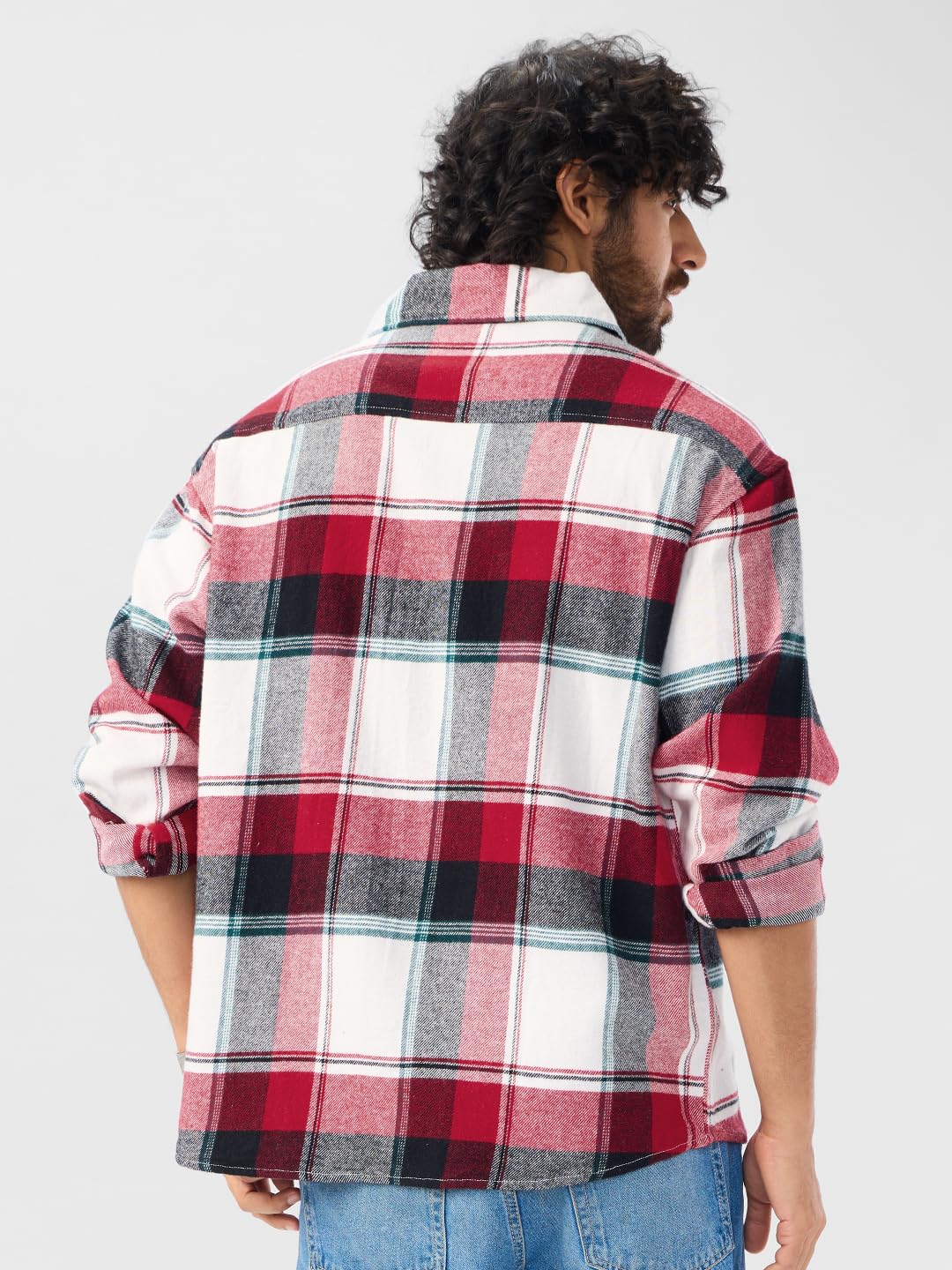 The Souled Store Plaid: Red, White, Blue Men and Boys Long Sleeves Collared Neck Button Front Cotton Oversized Flannel Shackets