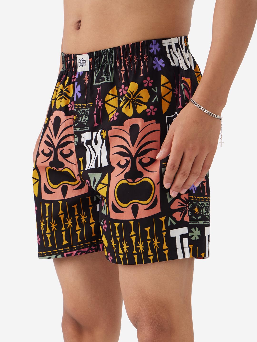 The Souled Store Tiki-Taka Men and Boys Elasticated Black All Over Printed Cotton Boxer Shorts