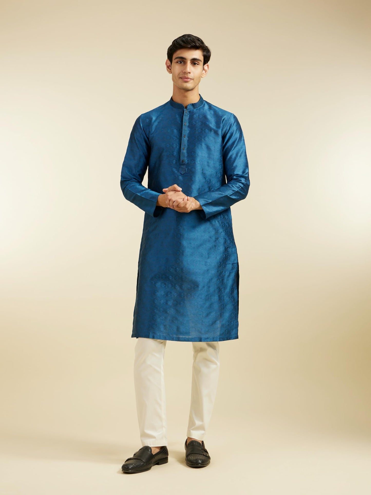 DIWAS BY MANYAVAR Men's Art Silk Jacquard| Self Design Kurta (Teal Blue,XL)