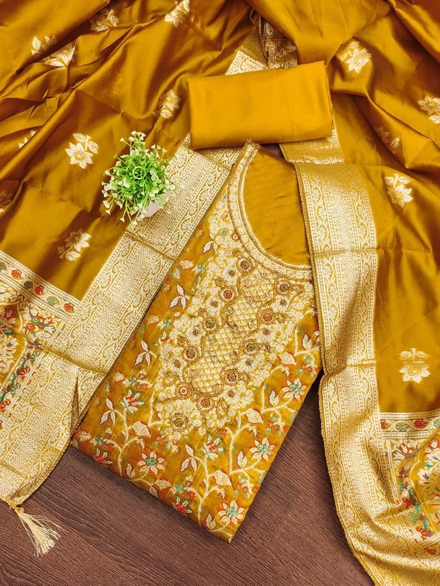 VARNI FABRICS Jacquard with Handwork Dress Material for Women Floral Unstitched Woman Salwar Suit Dress Material with Jacquard Dupatta Mustard Yellow