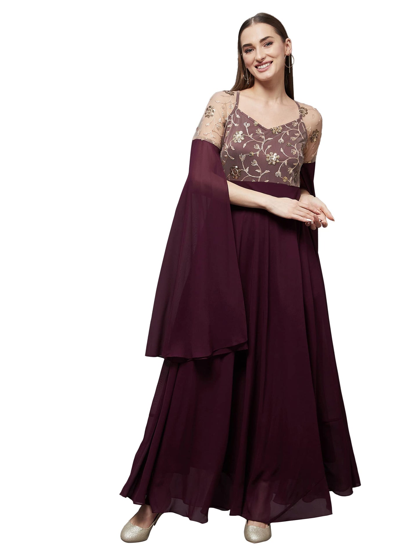 Miss Chase Women's Wine V-Neck Flared Long Sleeve Embroidered Fit & Flare Maxi Dress (MCSS22D13-60-184-05, Wine, L)