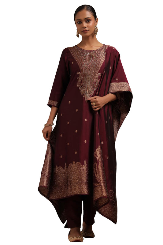 Soch Womens Wine Organza Zari Woven Suit Set With Cutdana