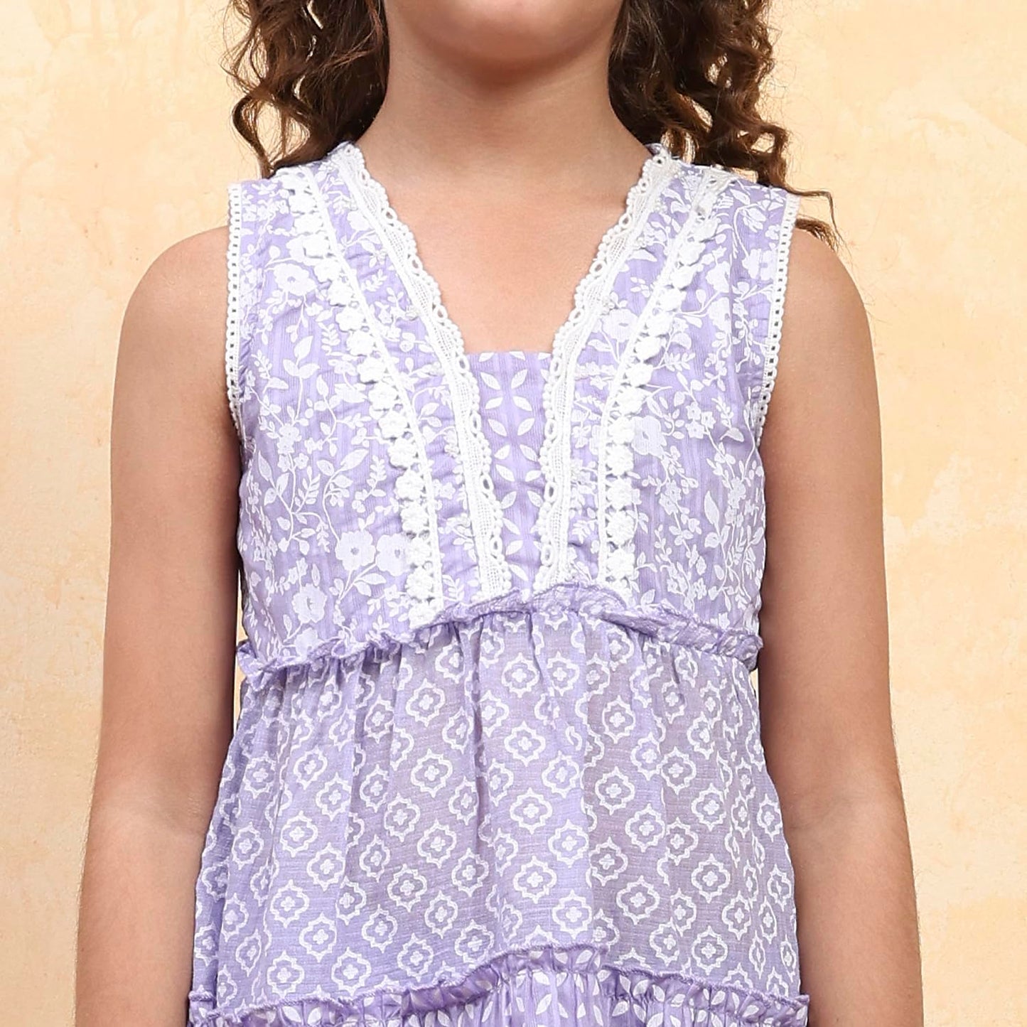 Biba Girl's Purple Cotton Tiered Printed Kurta Salwar Set
