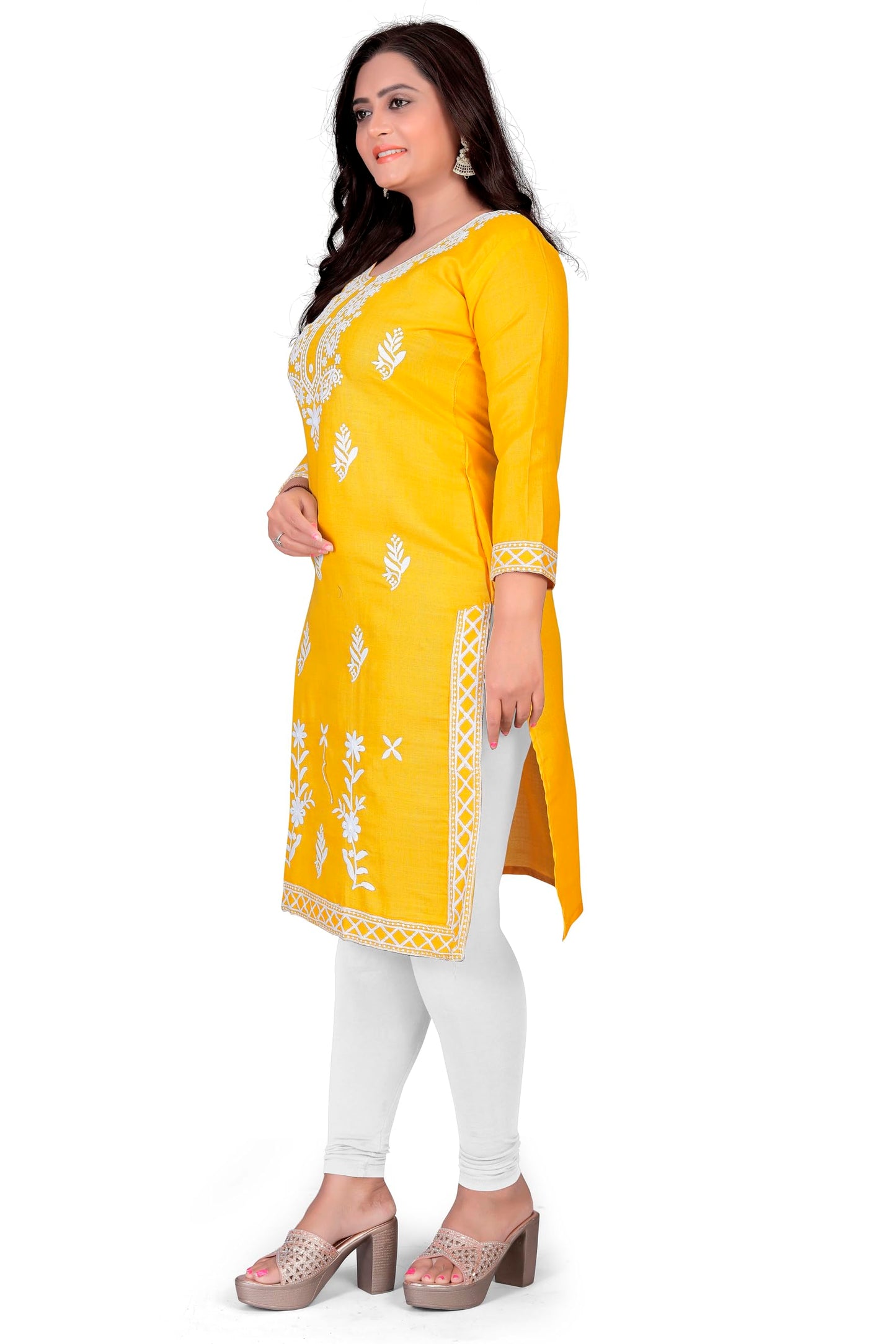 GLORY SILK Women's Rayon Blend A-line Chikankari Embroidered Kurta (Yellow - 5XL)