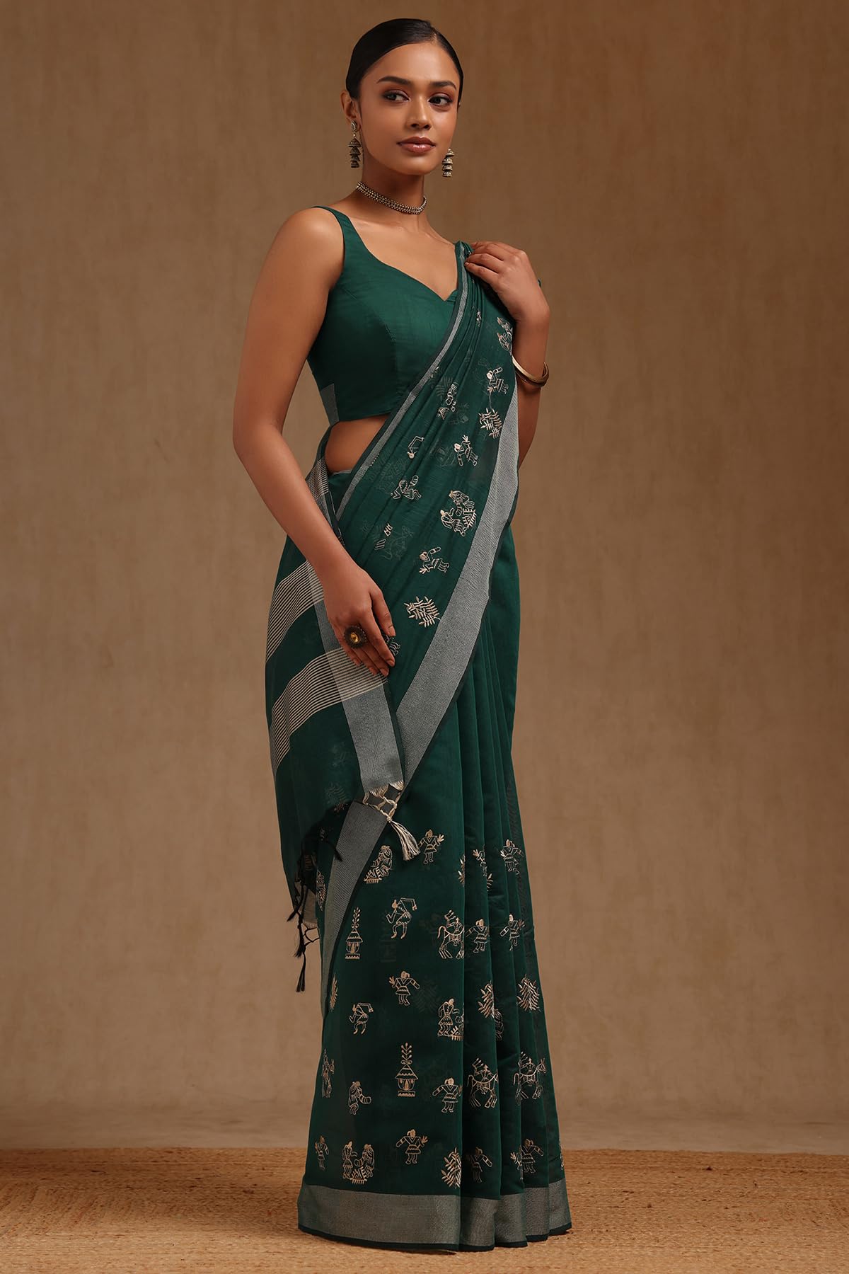 Soch Womens Teal Green Chanderi Warli Print Saree With Thread Work