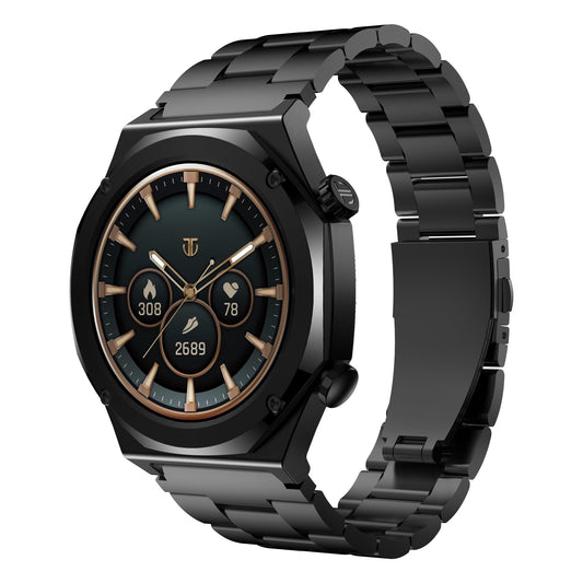 Titan Maestro 1.47" Zero Lag AMOLED Smart Watch for Man with SS316L Stainless Steel, BT Calling, 60Hz Refresh Rate, Health Tracking,10 Days Battery,Water & Dust Resistant, Extra Silicon Strap (Black)