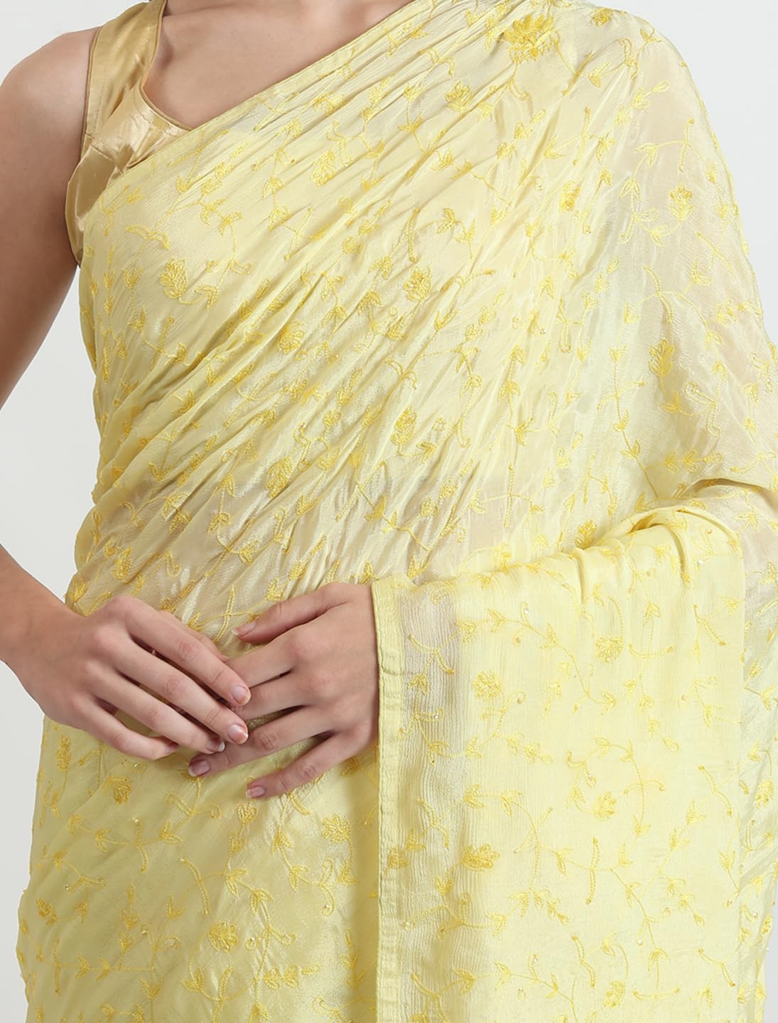 THE WEAVERS SHOP BY RAAVI Pure Chiffon Thread Jaal Hand Embroidery Saree With Unstitched Blouse