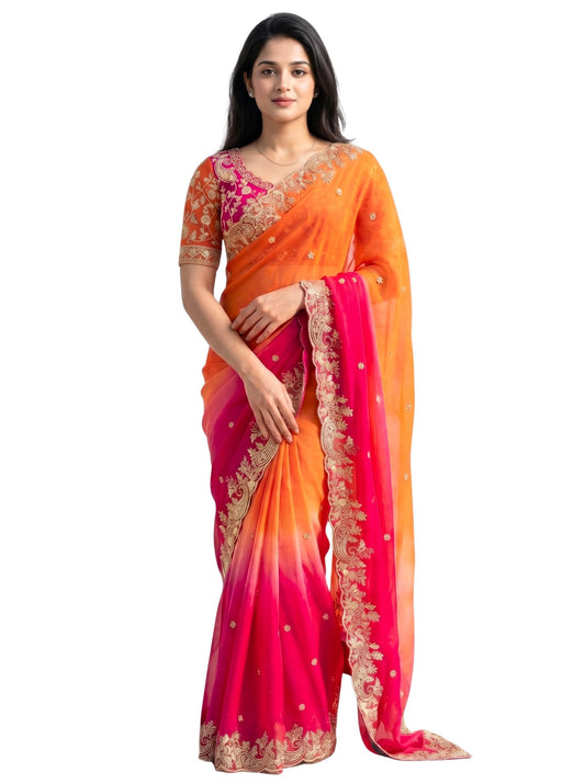 Amazon Brand - Tavasya Orange Pink Fendy Satin Silk Saree with Multi Sequence Embroidery Work | Heavy Embroidered Wedding Party look Saree with Running Blouse Piece