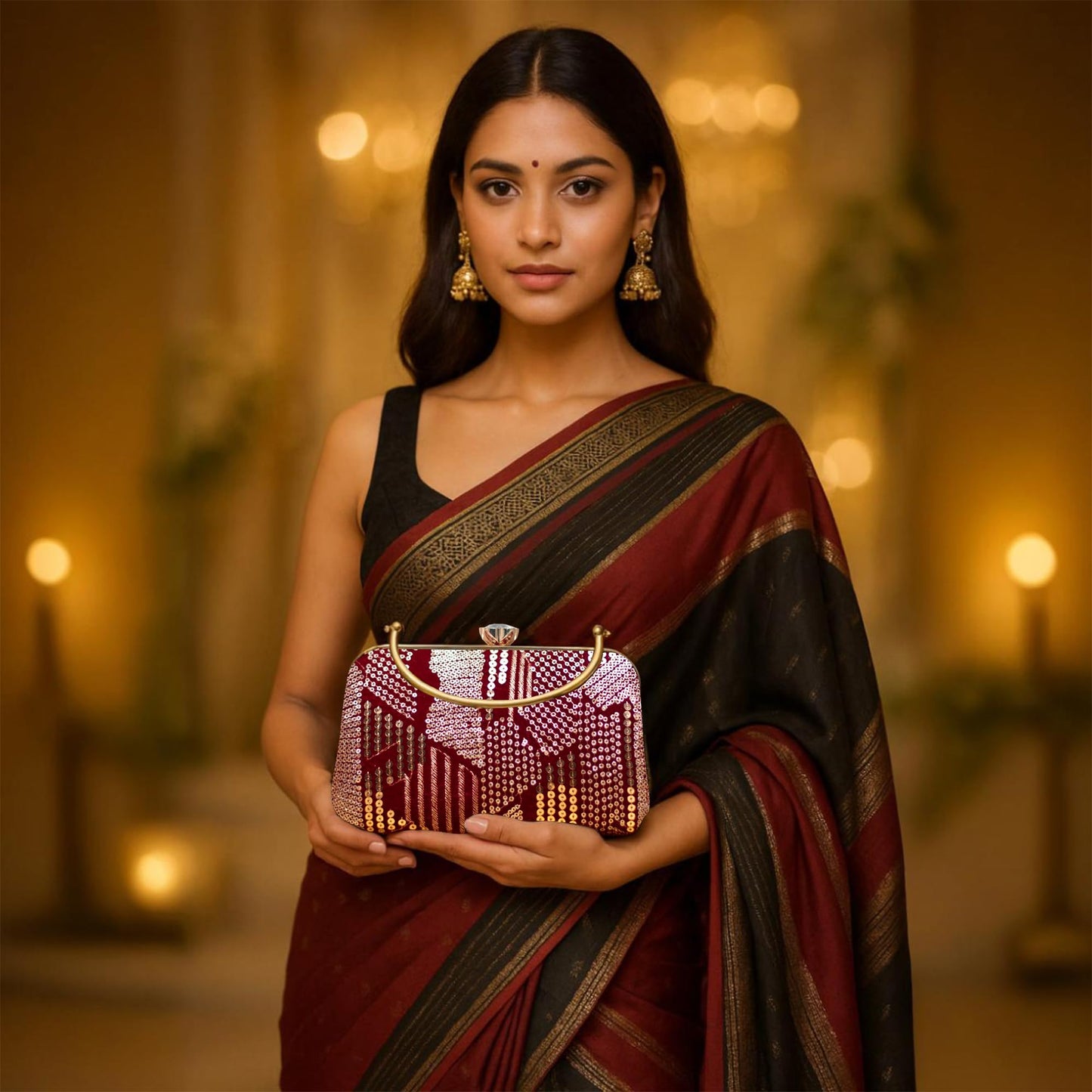 Artklim Sequins Embroidery Velvet Party Clutch Bag For Women | Wedding Clutch Purse With Detachable Chain Sling Strap, Maroon
