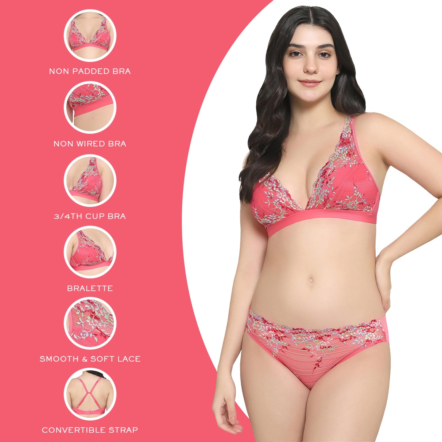 Embrace Lace Non Padded Non Wired 3/4th Cup Bridal Wear Medium Coverage Lace Bralette Pink (32)