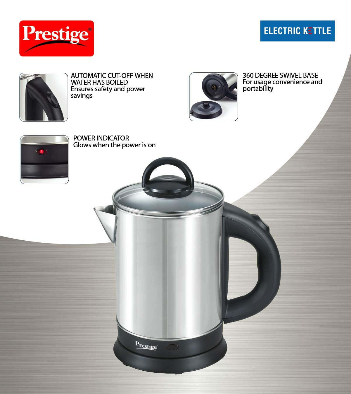Prestige 1.7L PKGSS Stainless Steel Electric Kettle | 1500 Watts | Glass Lid with heat resistent handle | Single Touch lid locking |Automatic Cut Off | Silver