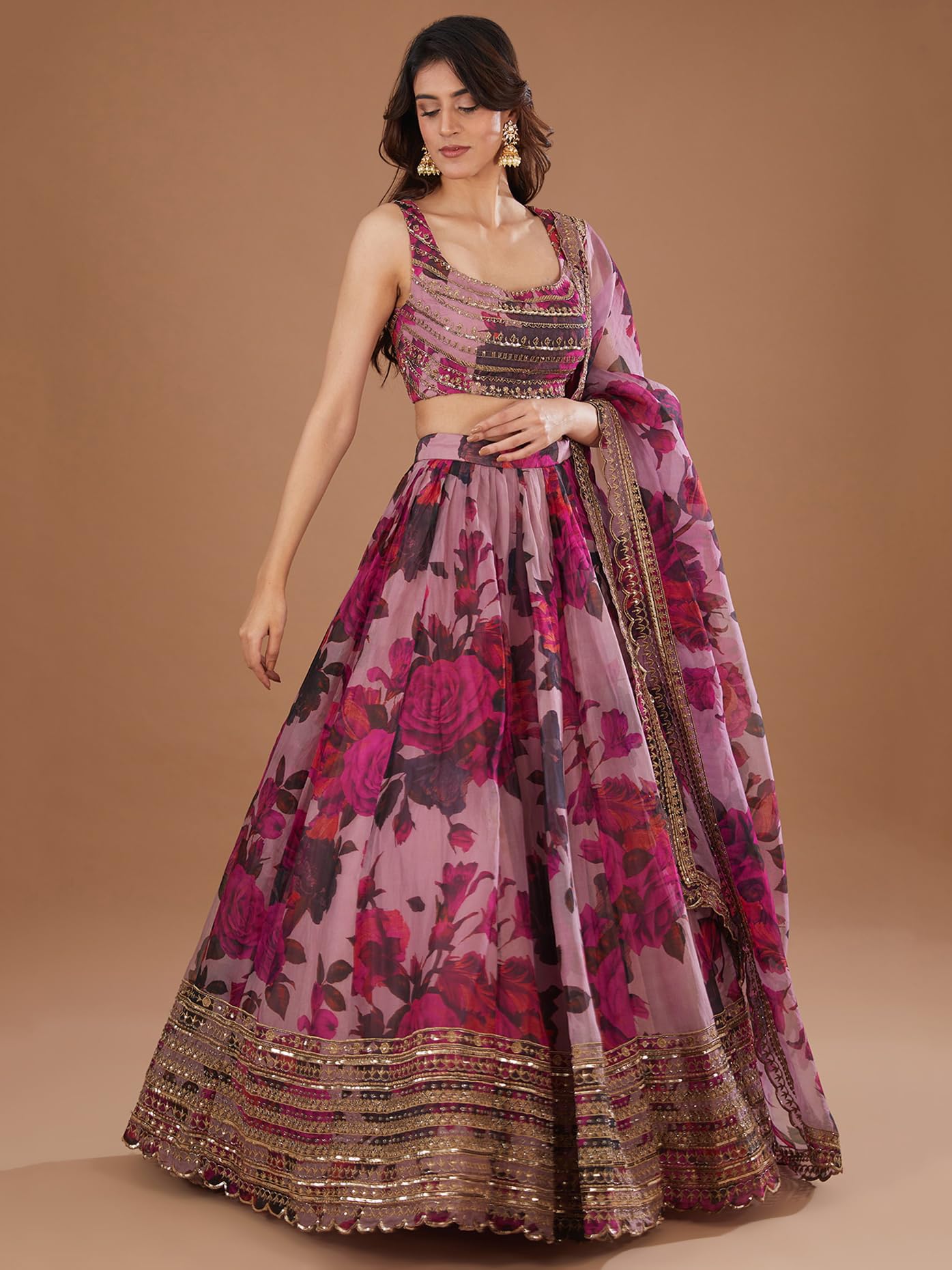 Zeel Clothing Women's Organza Semi-stitched Print and Sequins Embroidered Lehenga Choli With Dupatta (7067-Pink--Lehenga-Choli-Latest, Free size) (Pink)