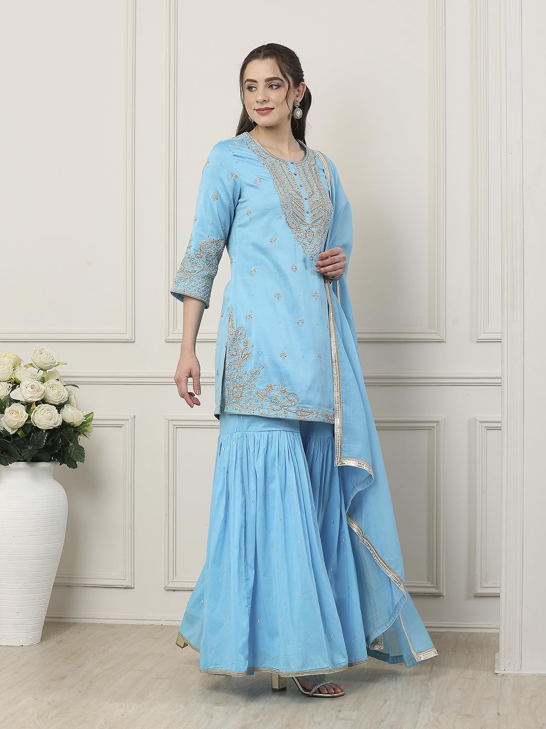 Biba Women Turquoise Silk Chanderi Straight Suit Set_36