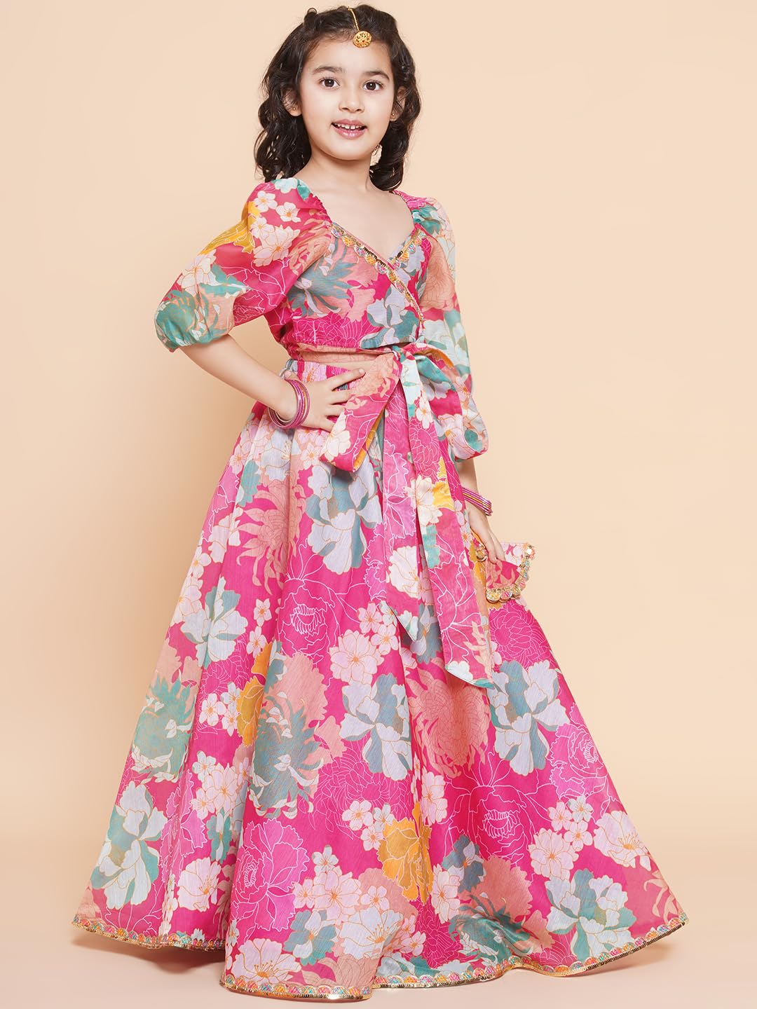 Bitiya by Bhama Girls Pink Flower Digital Multi Print Lace work Choli with Ready to wear Lehenga.