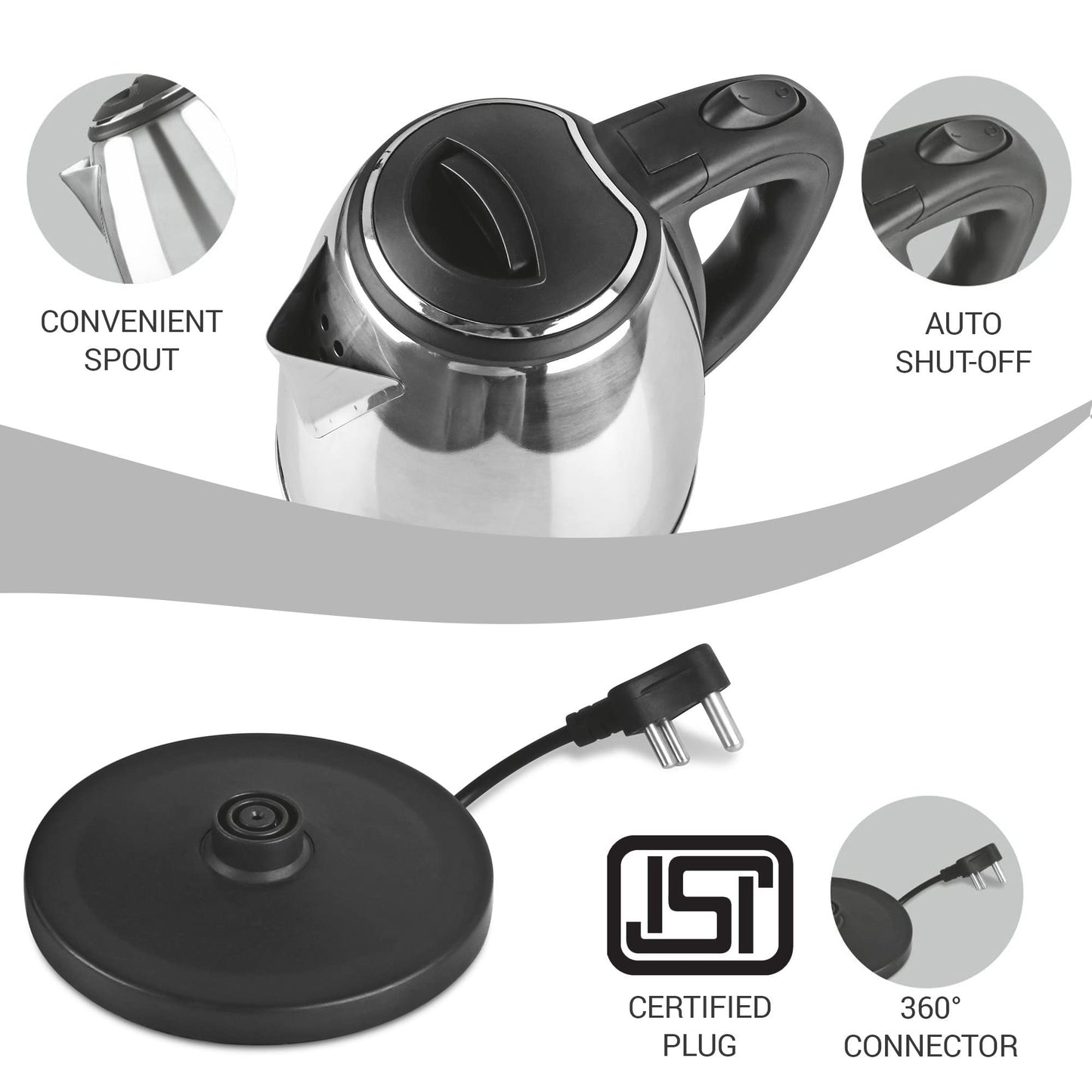 Milton Euroline Go Electro 1.5 Stainless Steel Electric Kettle, 1 Piece, Silver, 1.5 Litres | Power Indicator | 1500 Watts | Auto Cut-off | Detachable 360 Degree Connector | Boiler for Water