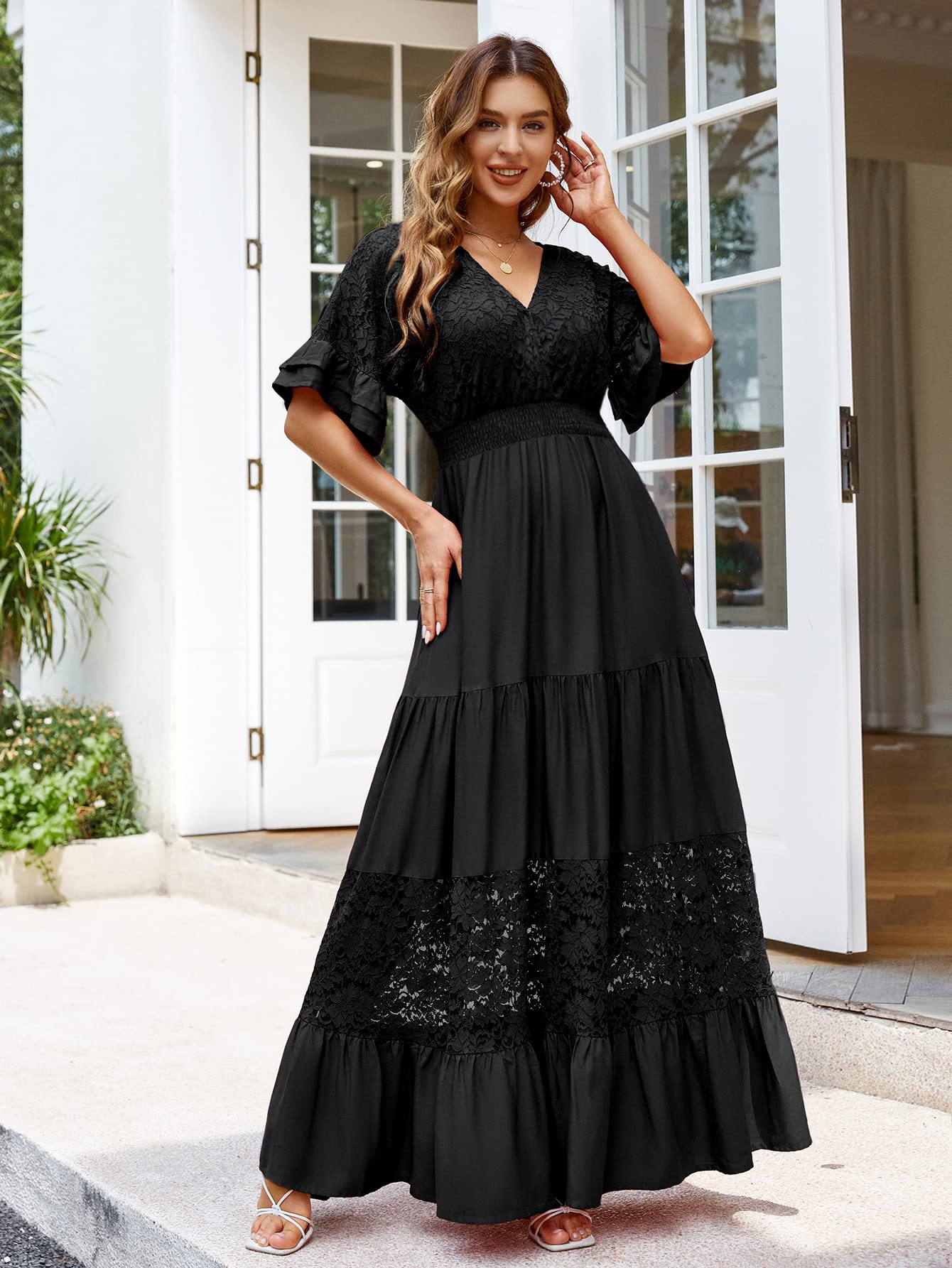 Simplee Women V Neck Formal Lace Maxi Dress Ruffle Flowy Short Sleeve Boho Wedding Guest Party Summer Long Dress, Lace_black, X-Large