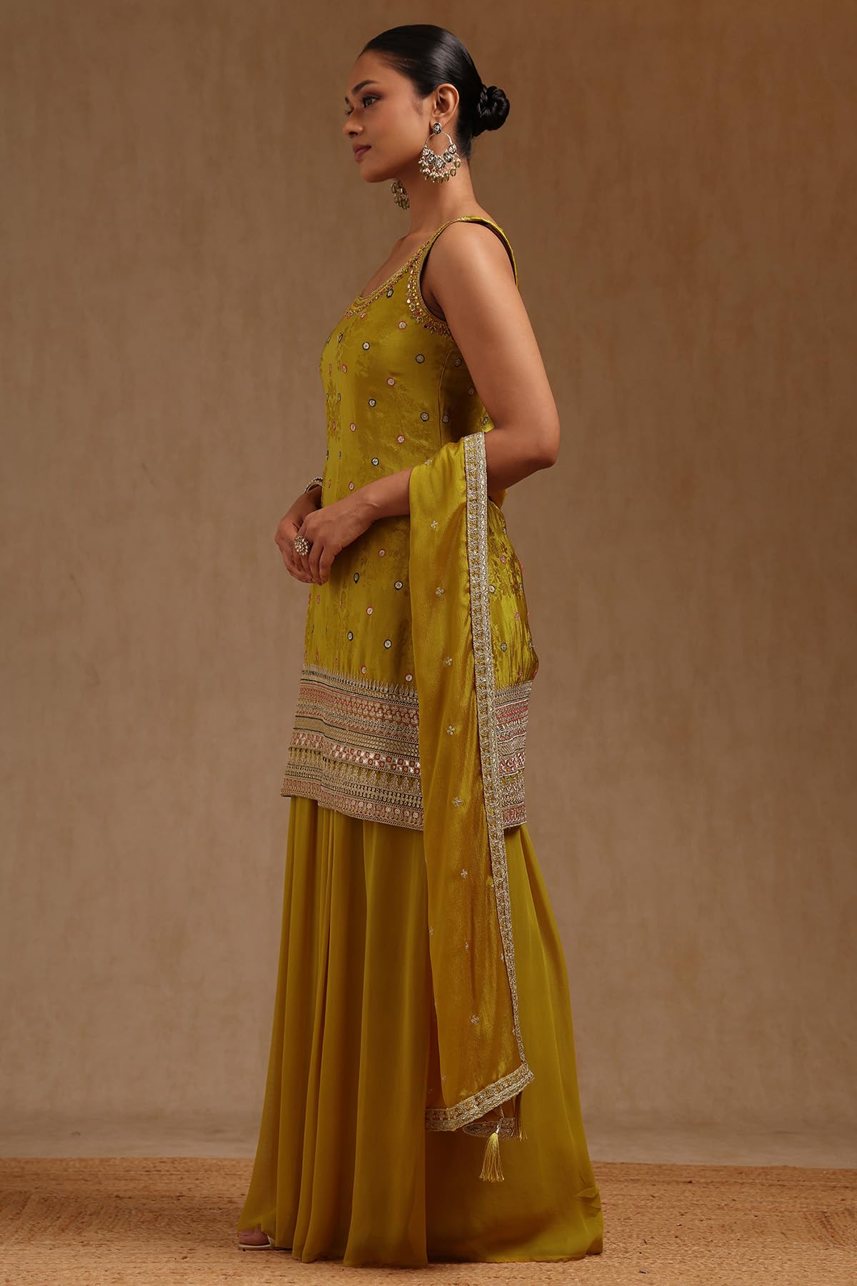 Soch Womens Mustard Tissue Embroidered Salwar Suit With Mirror Work