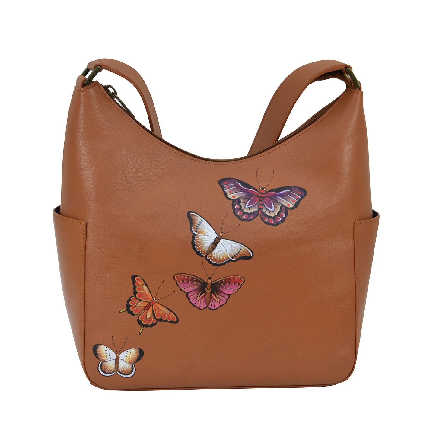 Anuschka Women's Hand-Painted Genuine Vegetable Tanned Leather Classic Hobo With Side Pockets - Butterflies Honey