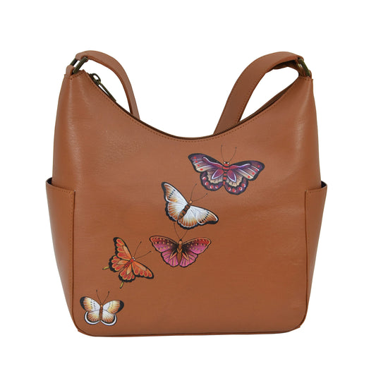 Anuschka Women's Hand-Painted Genuine Vegetable Tanned Leather Classic Hobo With Side Pockets - Butterflies Honey