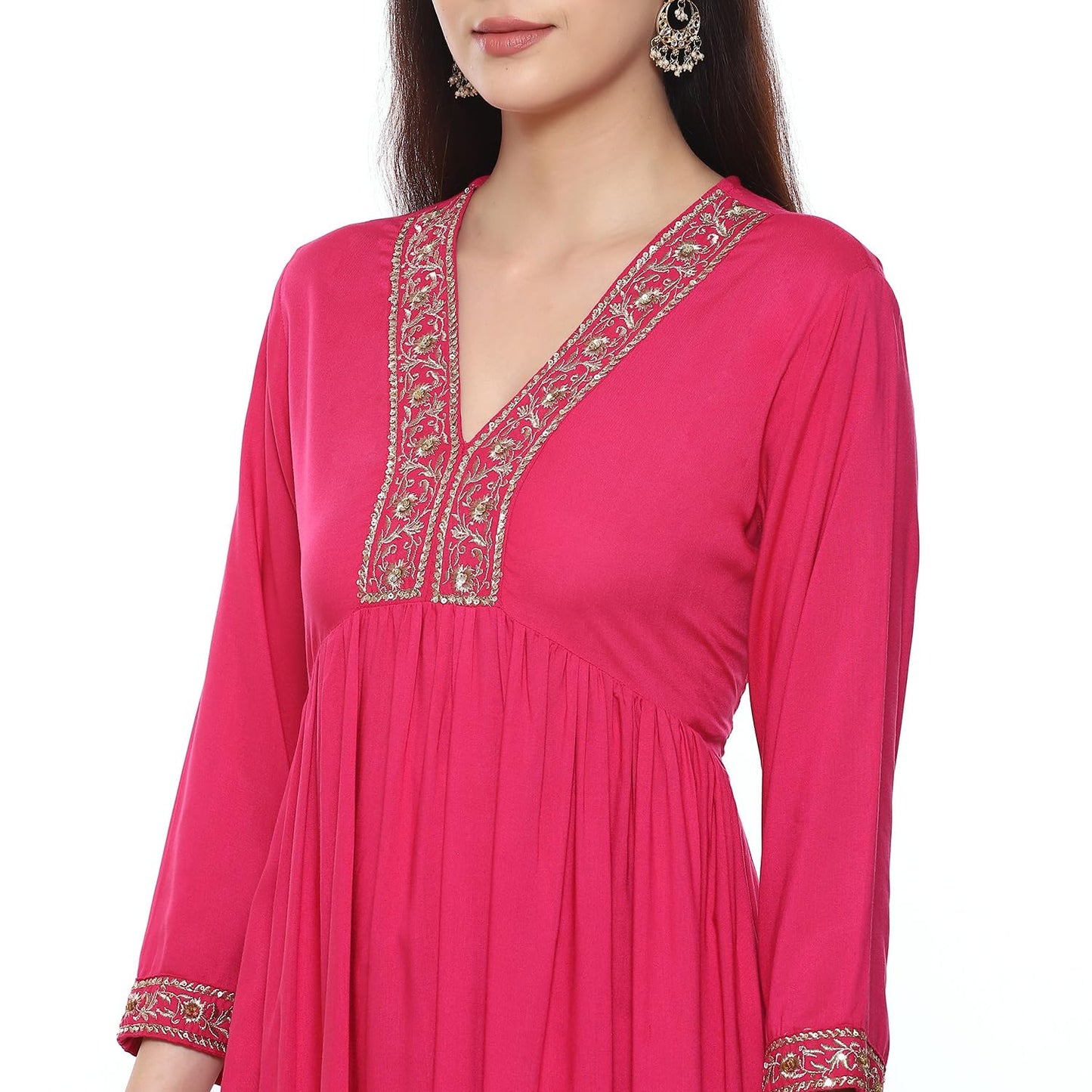 BIBA Cotton Blend Women's Solid Gathered Salwar Kurta Dupatta(Skdassorted8909_Fuchsia_38)