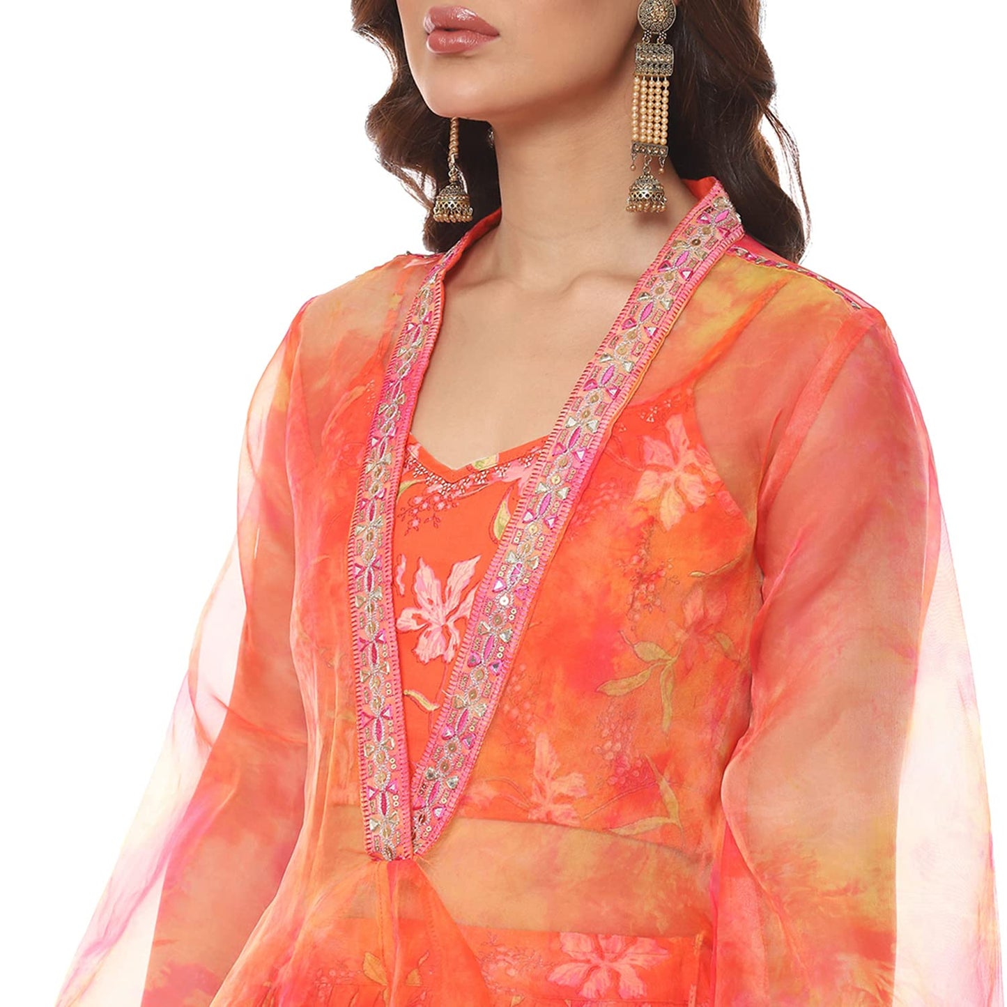 BIBA Women's Orange Art Silk Cape Lehenga Set