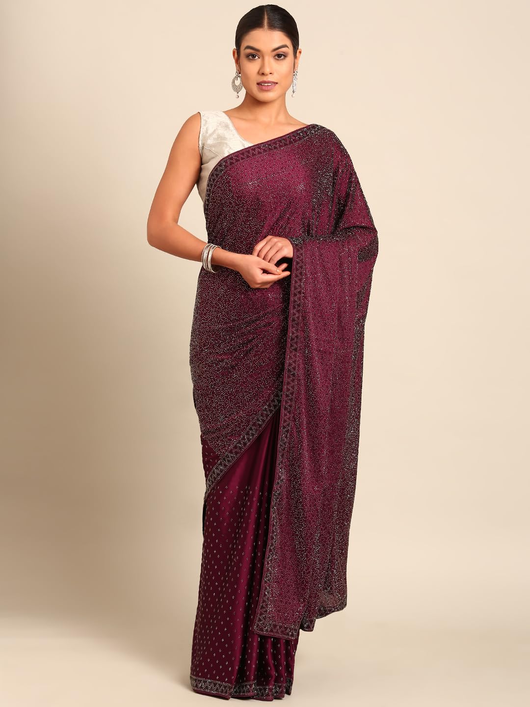 MOHEY Wine Satin Embroidery|Stone Work Saree for Women