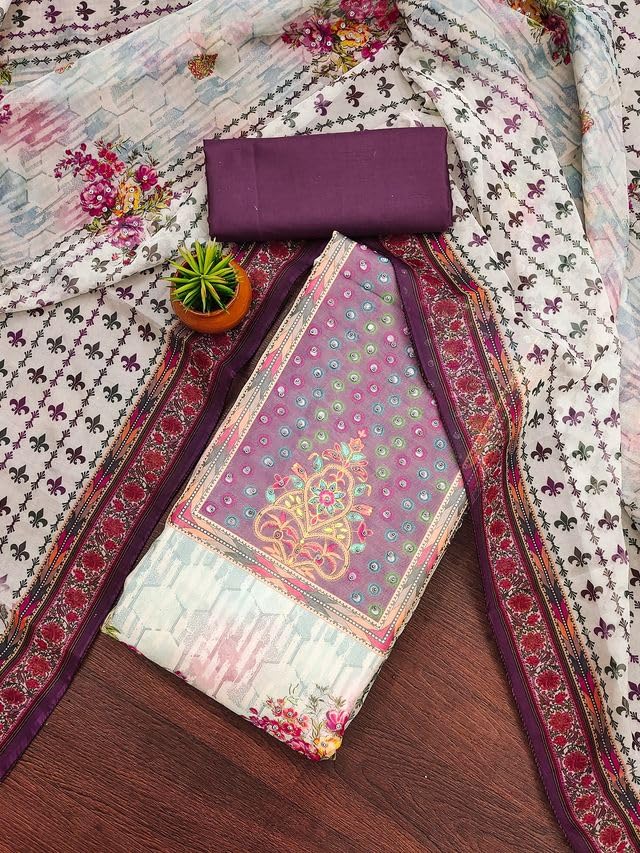 VARNI FABRICS Organza Dress Material for Women Solid Unstitched Woman Salwar Suit Dress Material With Organza Dupatta White Wine