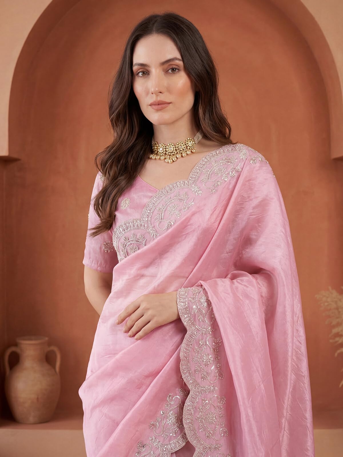 SIRIL Women's Tissue Silk Sequins Embroidery Saree with Unstitched Blouse Piece (4282S6778AA_Rose Pink)