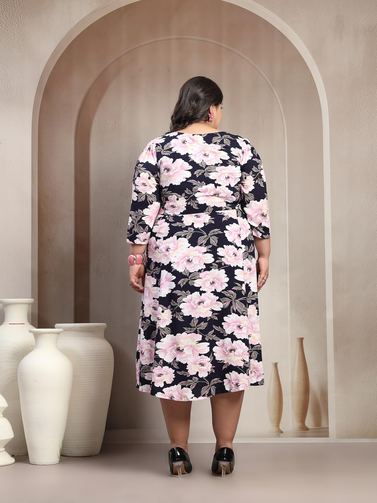 Women Plus Size Floral Print Puff Sleeve Maxi Dress (LDR20244-NAVYPINKFLORAL-6XL)